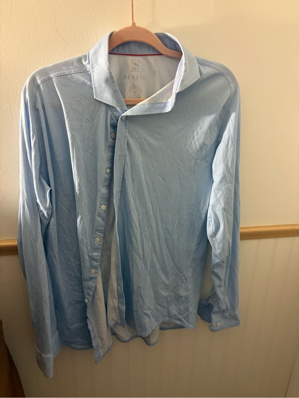 Desoto Men’s L Light Blue Micro Print Stretch Jersey Dress Shirt Made Europe